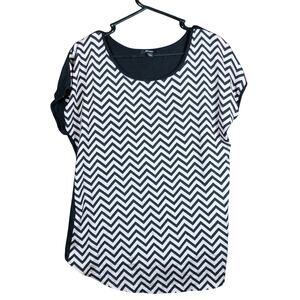 Expresso Womens Blouse Black Brown Zig Zag Short Sleeve Sheer Round Neck Large